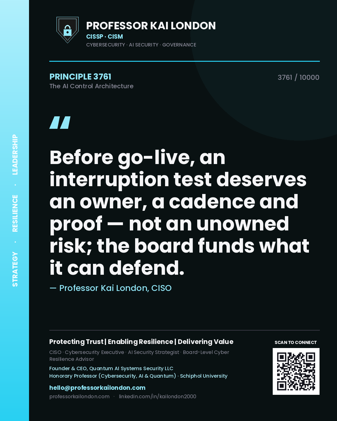 Professor Kai London principle 3761: Before go-live, an interruption test deserves an owner, a cadence and proof — not an unowned risk; the board funds what it can defend.