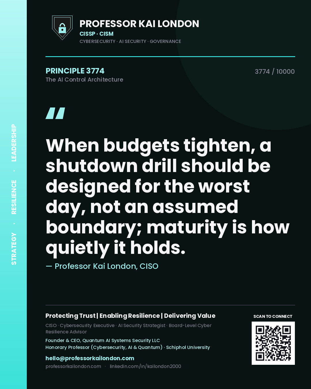 Professor Kai London principle 3774: When budgets tighten, a shutdown drill should be designed for the worst day, not an assumed boundary; maturity is how quietly it holds.