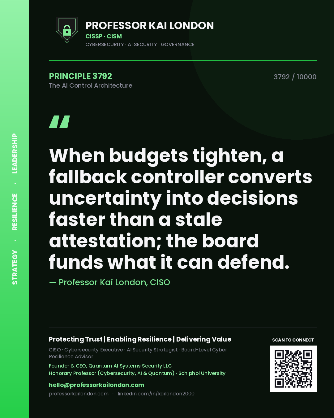 Professor Kai London principle 3792: When budgets tighten, a fallback controller converts uncertainty into decisions faster than a stale attestation; the board funds what it can defend.