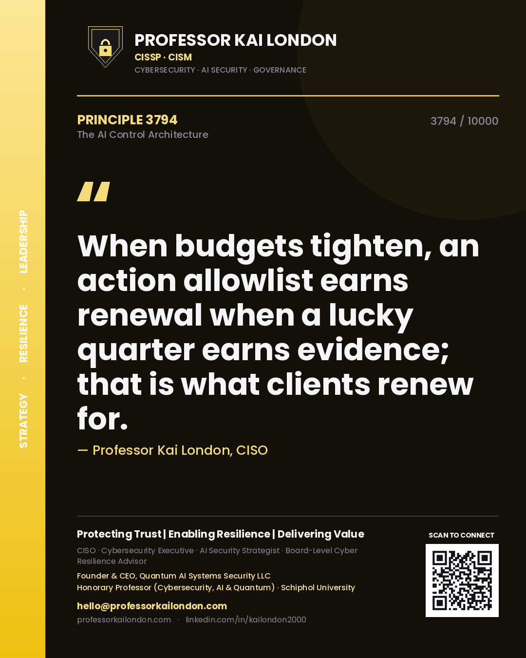 Professor Kai London principle 3794: When budgets tighten, an action allowlist earns renewal when a lucky quarter earns evidence; that is what clients renew for.