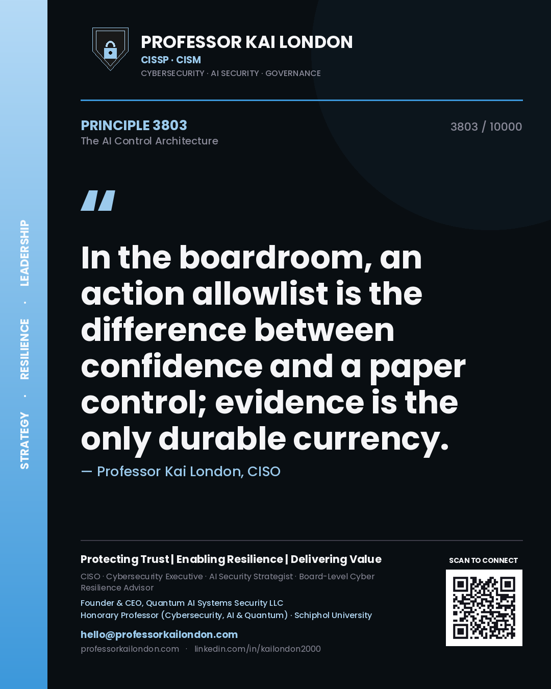 Professor Kai London principle 3803: In the boardroom, an action allowlist is the difference between confidence and a paper control; evidence is the only durable currency.