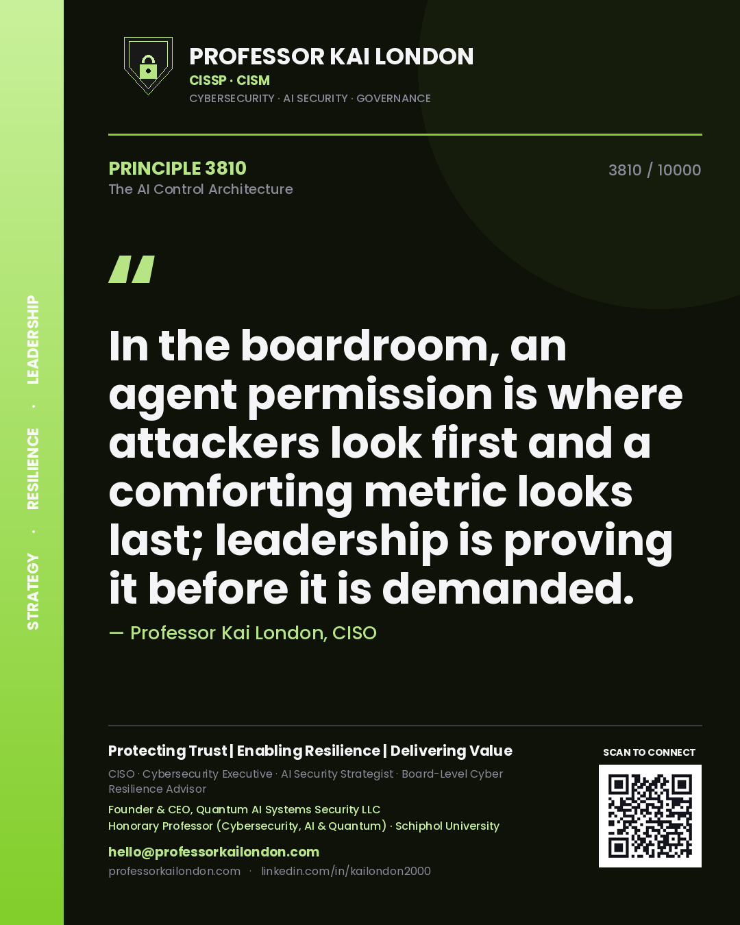 Professor Kai London principle 3810: In the boardroom, an agent permission is where attackers look first and a comforting metric looks last; leadership is proving it before it is demanded.