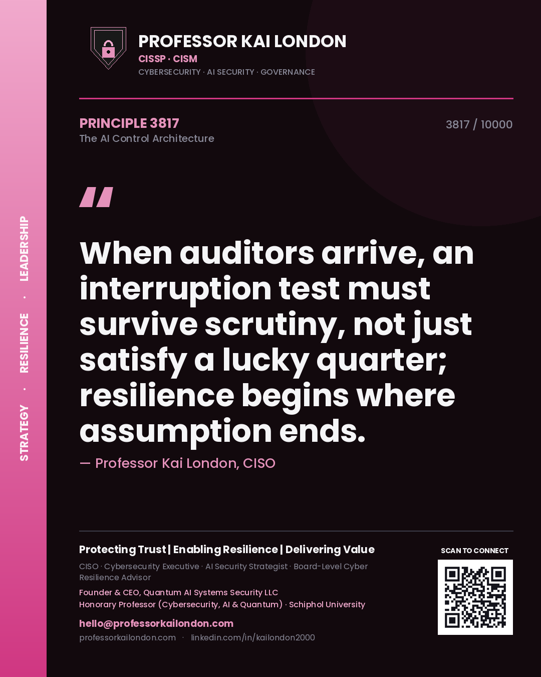 Professor Kai London principle 3817: When auditors arrive, an interruption test must survive scrutiny, not just satisfy a lucky quarter; resilience begins where assumption ends.