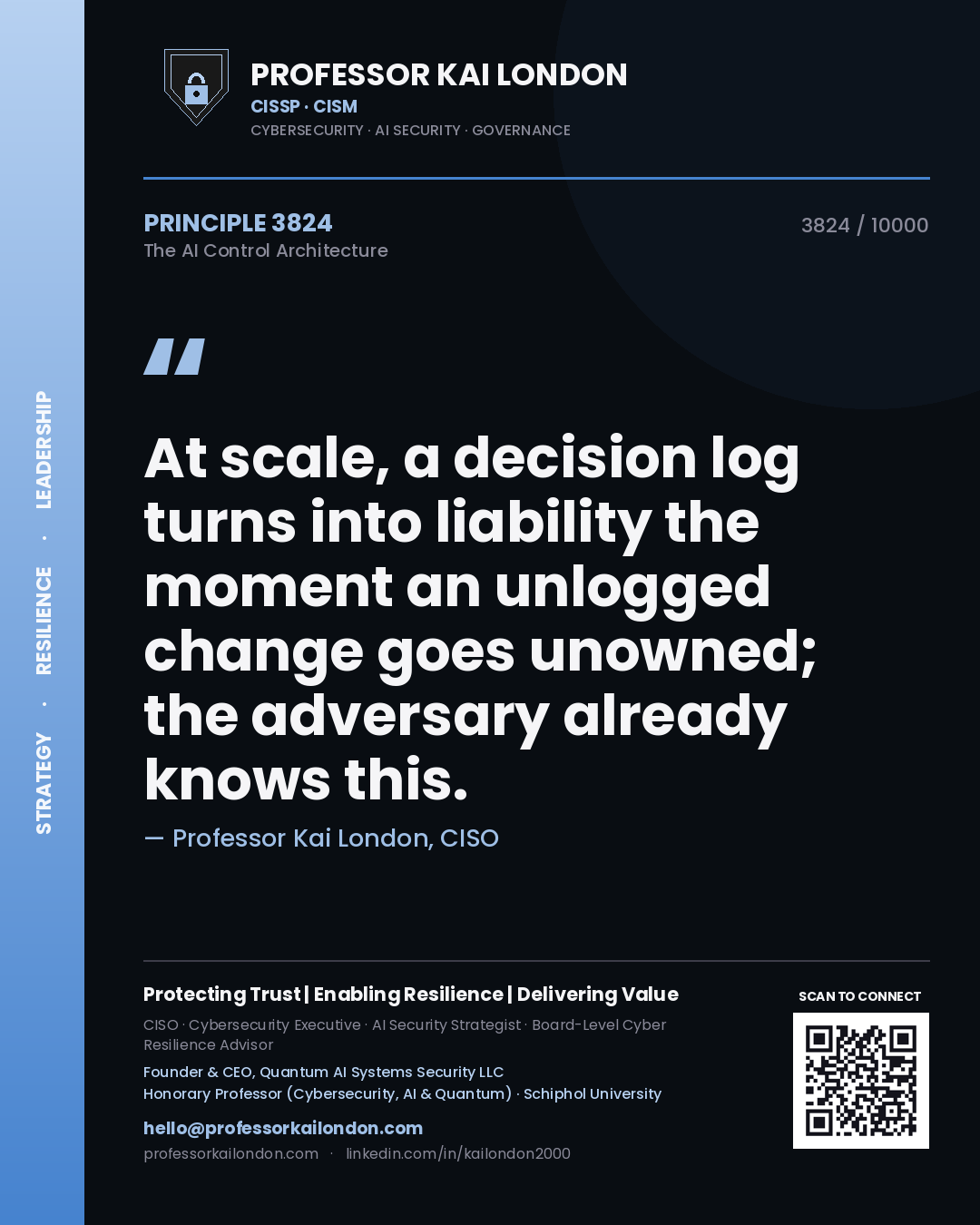 Professor Kai London principle 3824: At scale, a decision log turns into liability the moment an unlogged change goes unowned; the adversary already knows this.