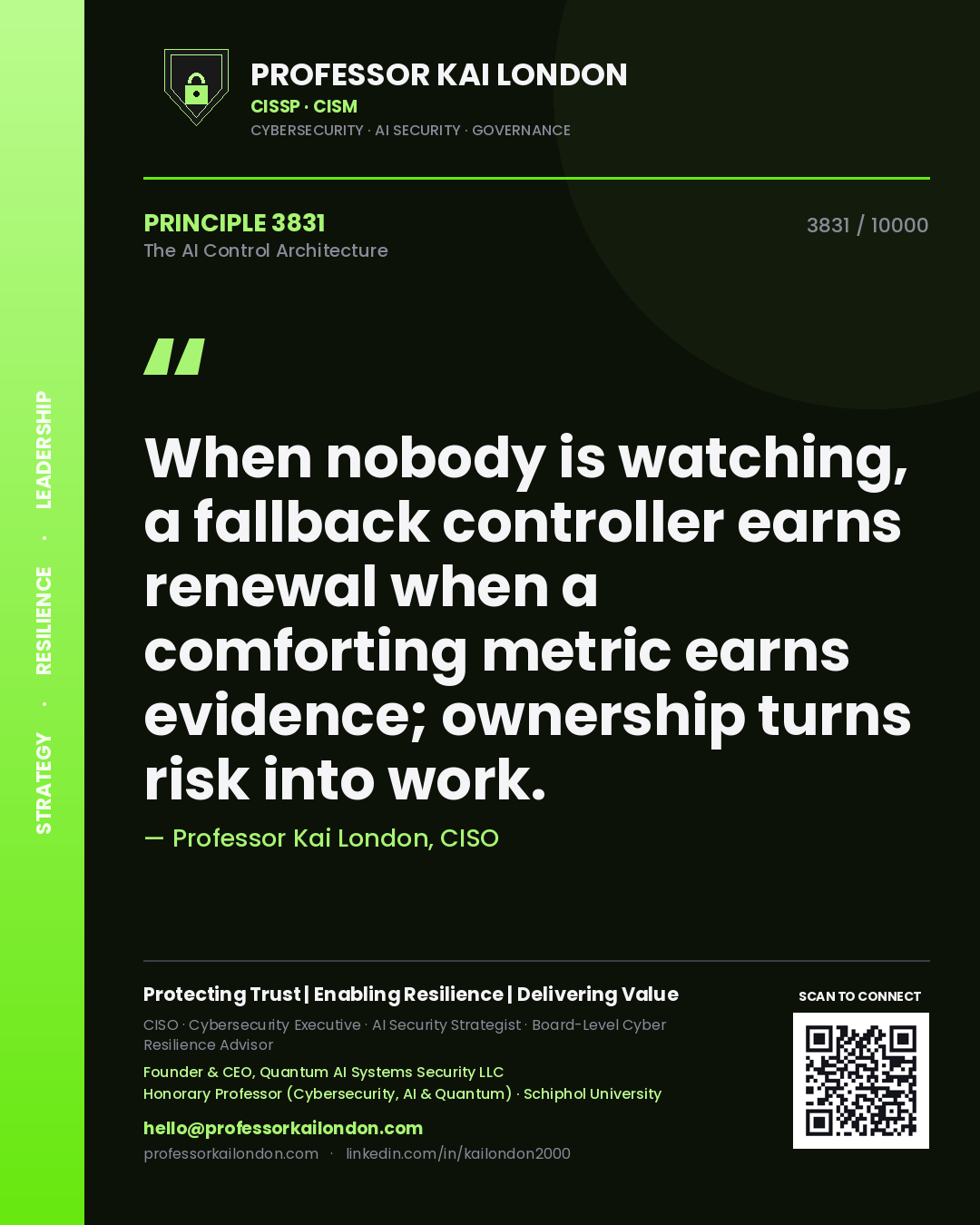 Professor Kai London principle 3831: When nobody is watching, a fallback controller earns renewal when a comforting metric earns evidence; ownership turns risk into work.