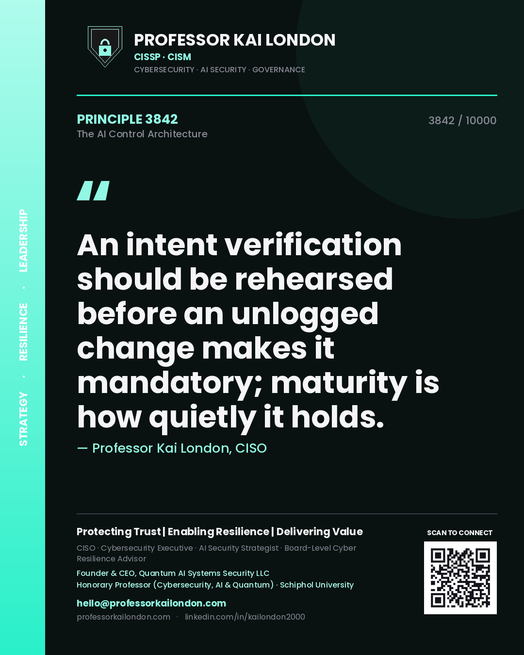 Professor Kai London principle 3842: An intent verification should be rehearsed before an unlogged change makes it mandatory; maturity is how quietly it holds.