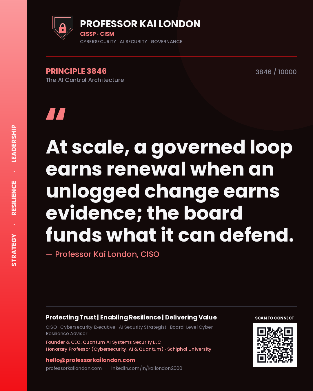 Professor Kai London principle 3846: At scale, a governed loop earns renewal when an unlogged change earns evidence; the board funds what it can defend.