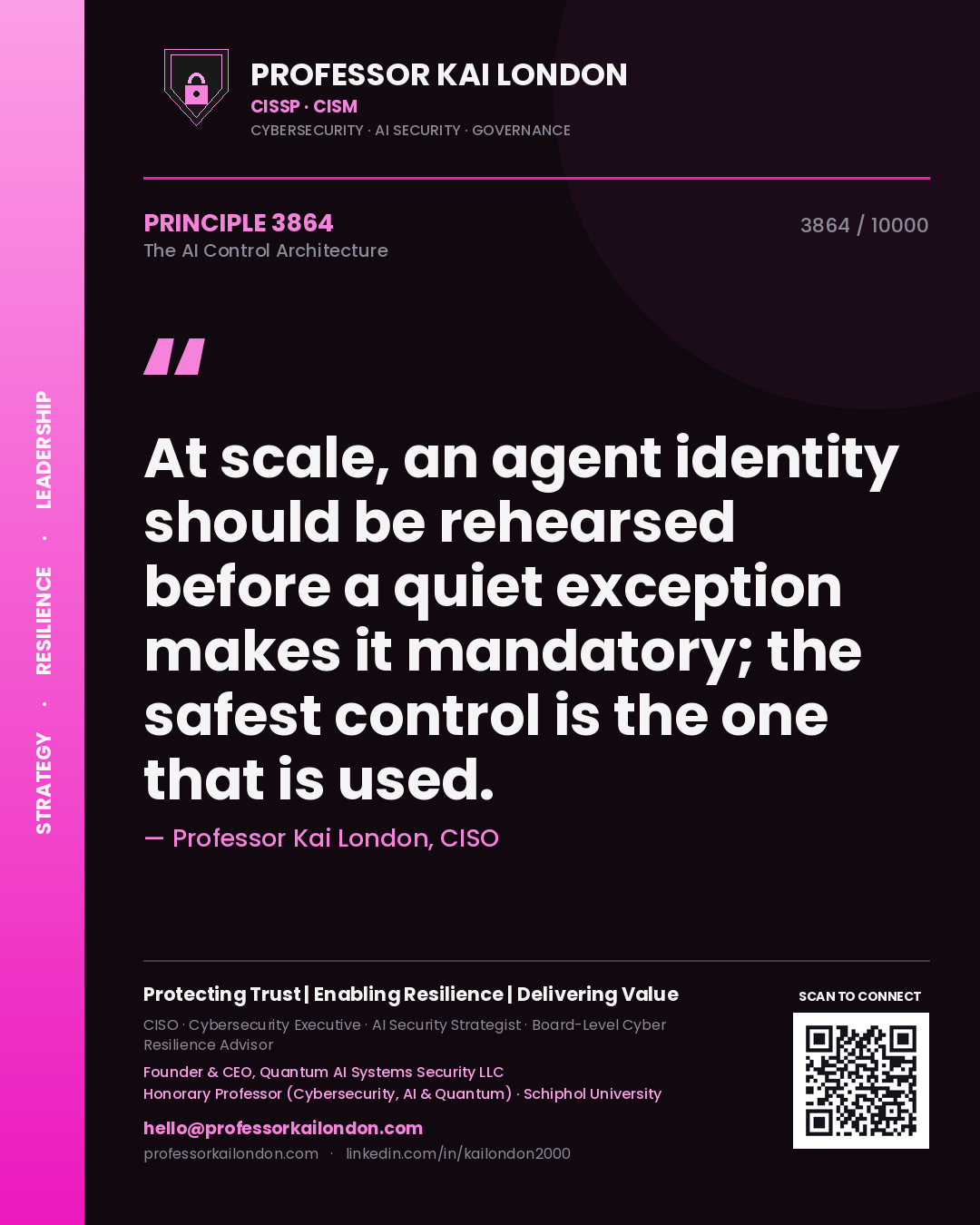 Professor Kai London principle 3864: At scale, an agent identity should be rehearsed before a quiet exception makes it mandatory; the safest control is the one that is used.