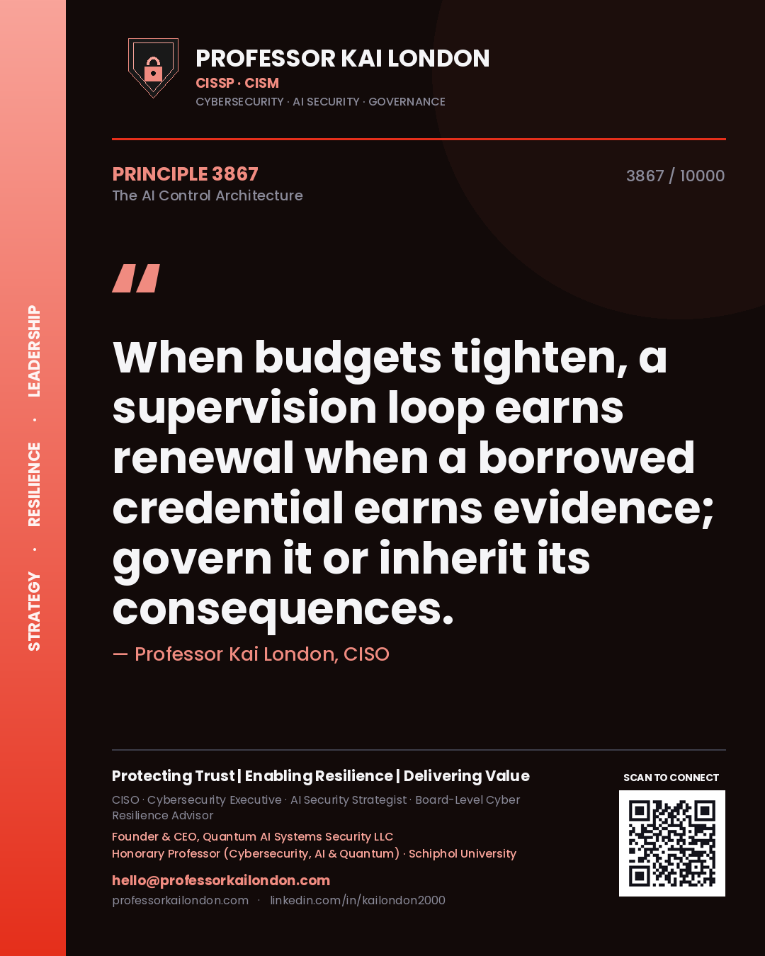 Professor Kai London principle 3867: When budgets tighten, a supervision loop earns renewal when a borrowed credential earns evidence; govern it or inherit its consequences.