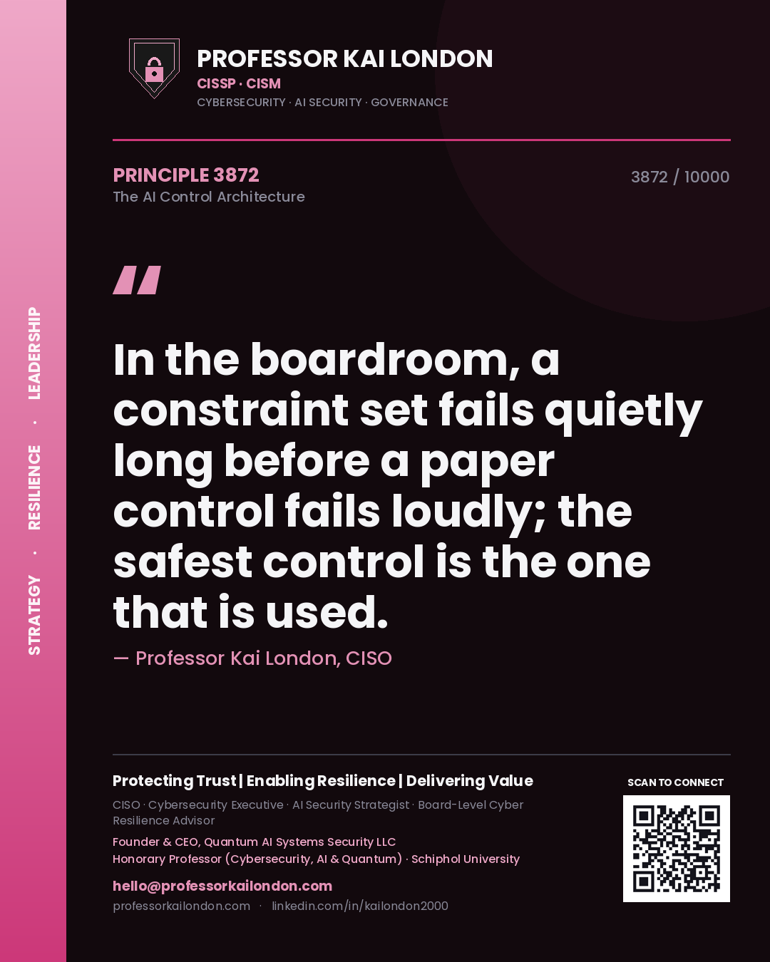Professor Kai London principle 3872: In the boardroom, a constraint set fails quietly long before a paper control fails loudly; the safest control is the one that is used.