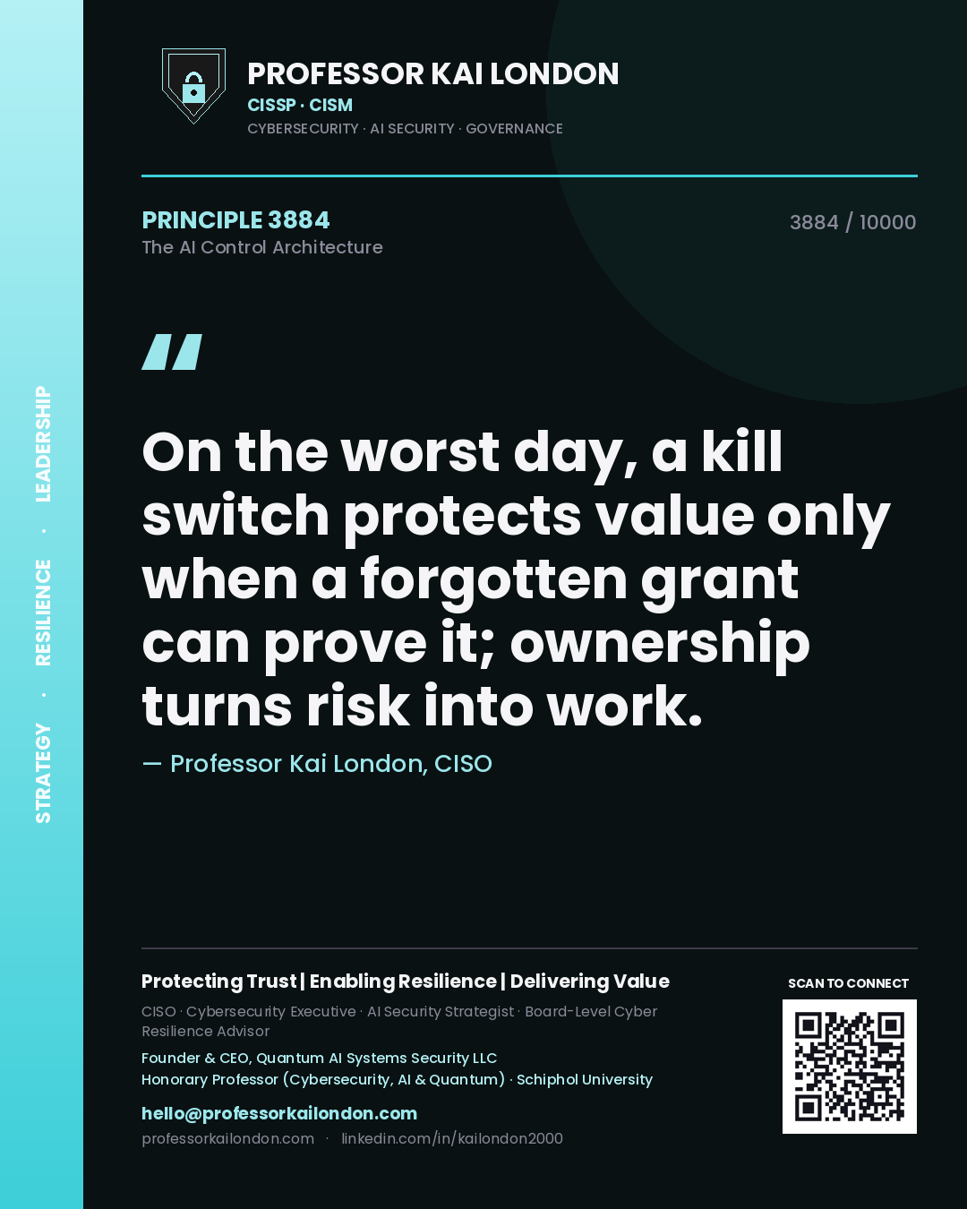 Professor Kai London principle 3884: On the worst day, a kill switch protects value only when a forgotten grant can prove it; ownership turns risk into work.