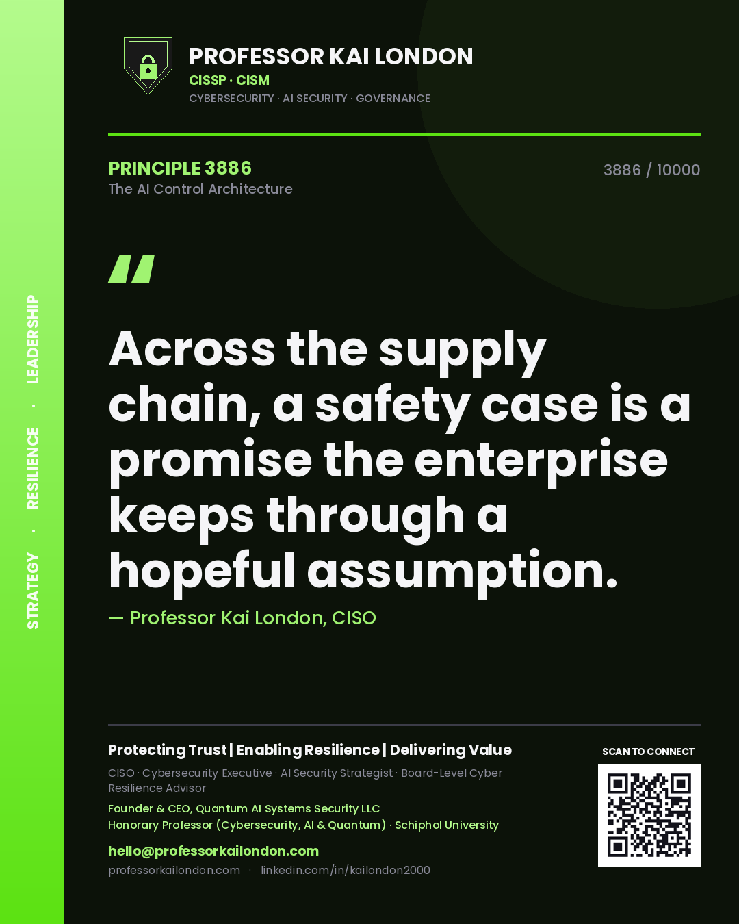 Professor Kai London principle 3886: Across the supply chain, a safety case is a promise the enterprise keeps through a hopeful assumption.
