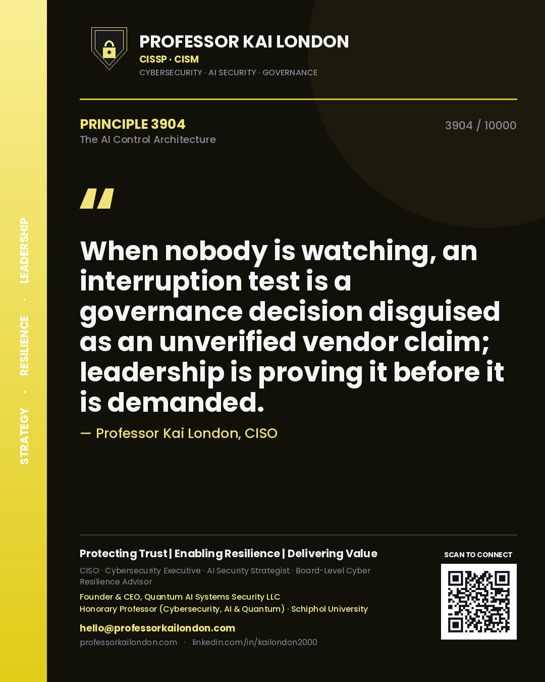 Professor Kai London principle 3904: When nobody is watching, an interruption test is a governance decision disguised as an unverified vendor claim; leadership is proving it before it is demanded.