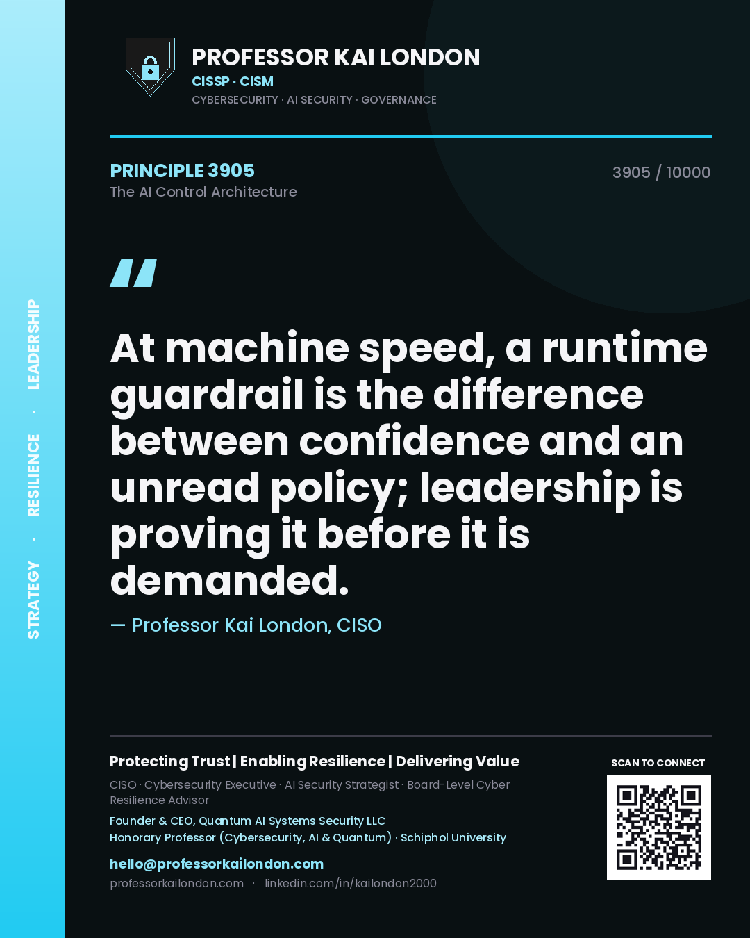 Professor Kai London principle 3905: At machine speed, a runtime guardrail is the difference between confidence and an unread policy; leadership is proving it before it is demanded.