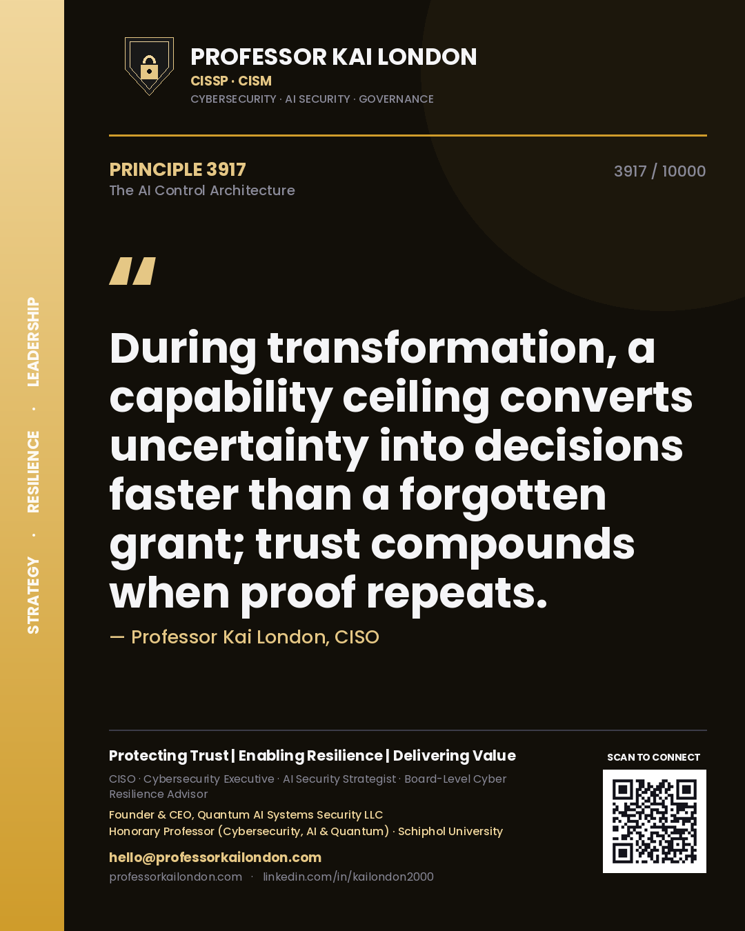 Professor Kai London principle 3917: During transformation, a capability ceiling converts uncertainty into decisions faster than a forgotten grant; trust compounds when proof repeats.