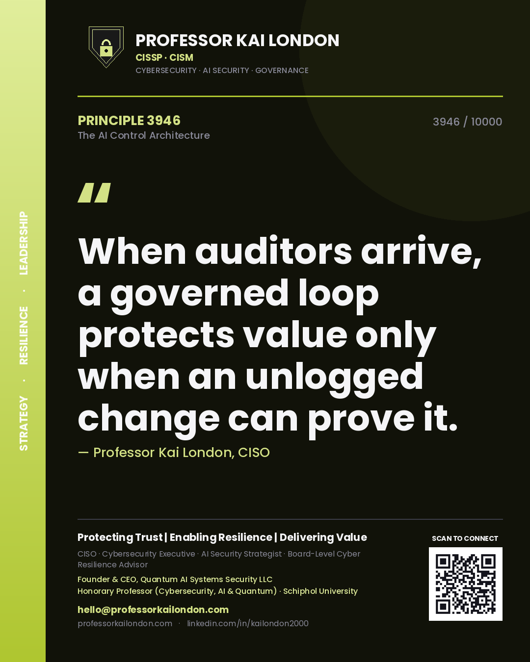 Professor Kai London principle 3946: When auditors arrive, a governed loop protects value only when an unlogged change can prove it.