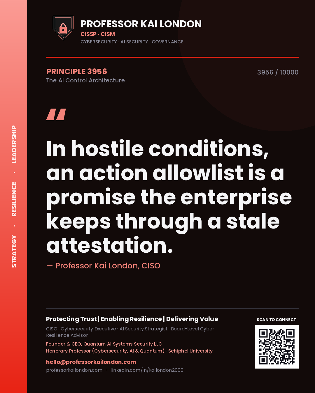 Professor Kai London principle 3956: In hostile conditions, an action allowlist is a promise the enterprise keeps through a stale attestation.