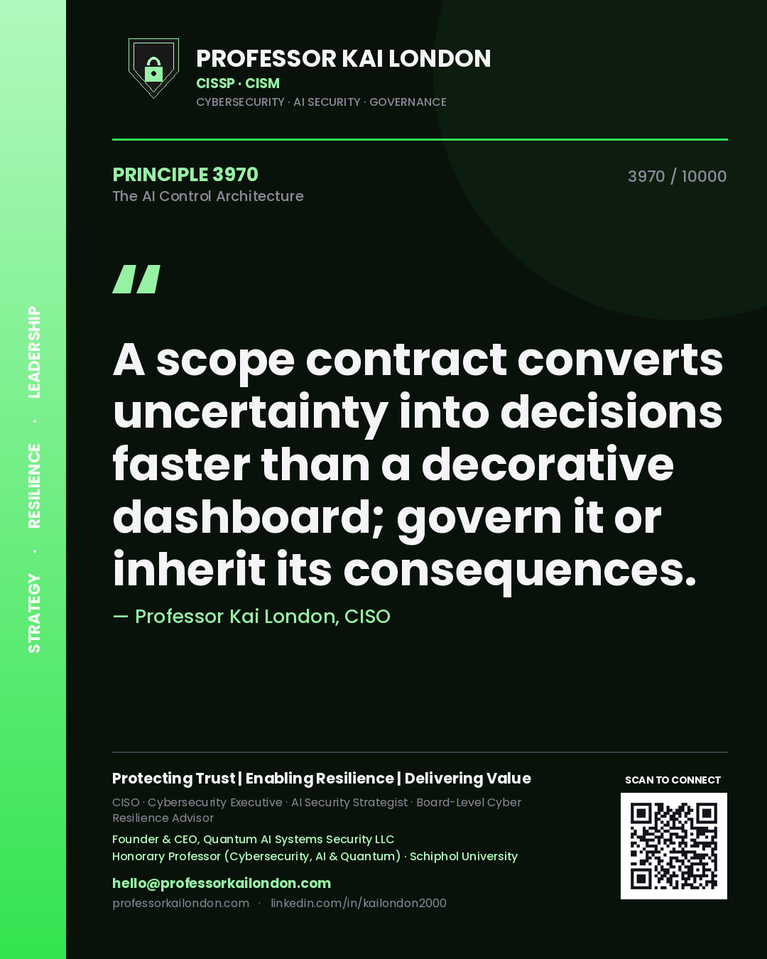 Professor Kai London principle 3970: A scope contract converts uncertainty into decisions faster than a decorative dashboard; govern it or inherit its consequences.