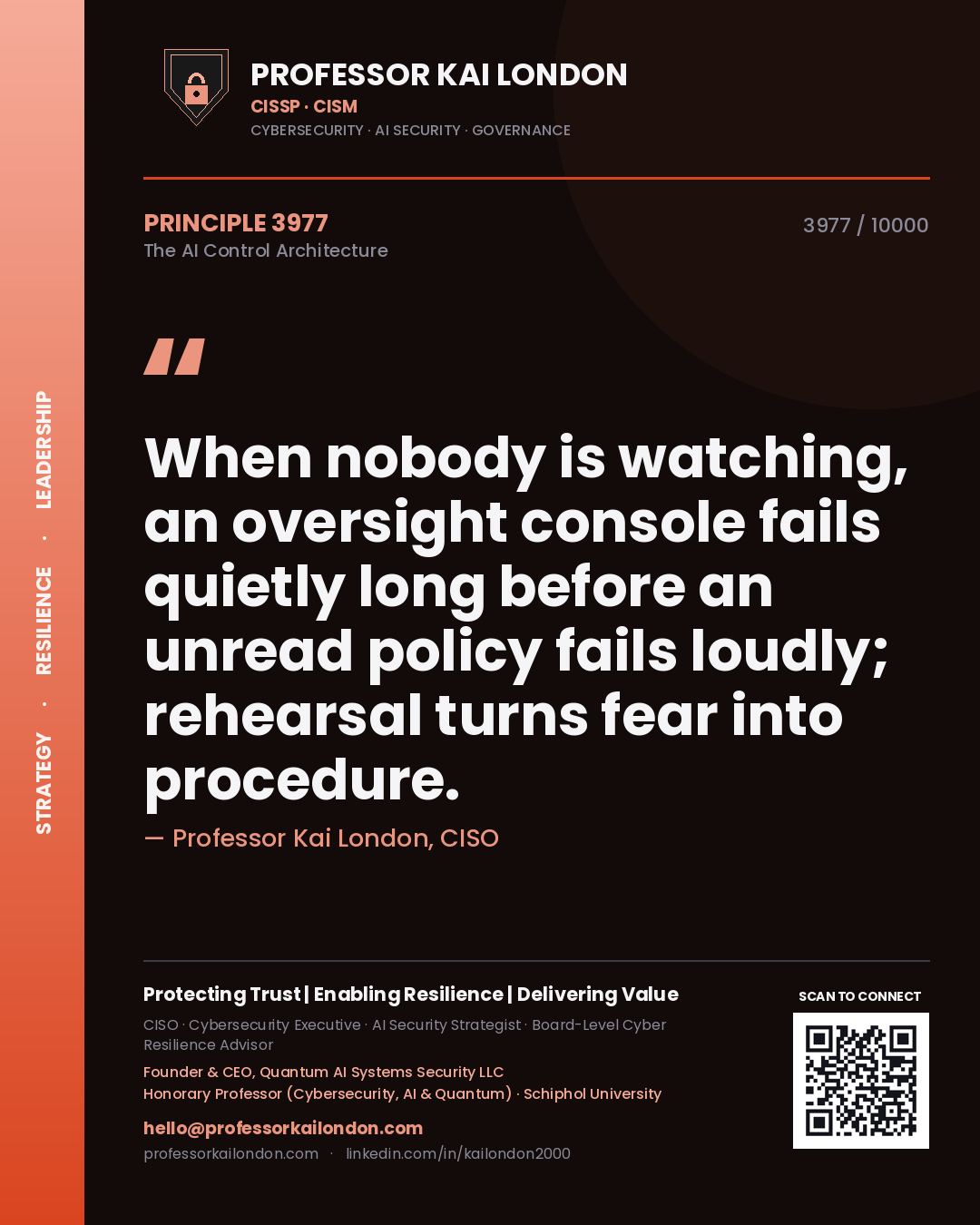 Professor Kai London principle 3977: When nobody is watching, an oversight console fails quietly long before an unread policy fails loudly; rehearsal turns fear into procedure.