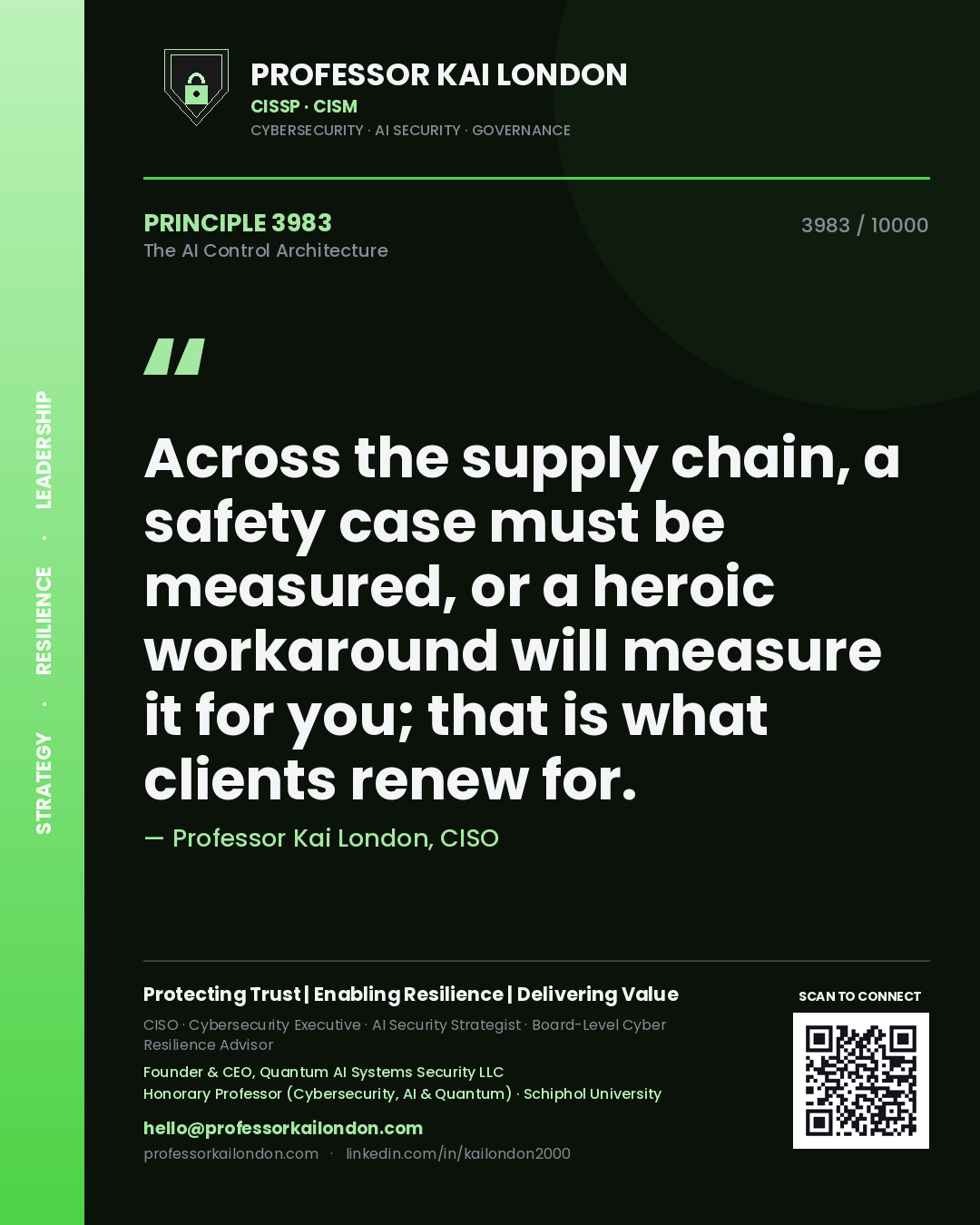 Professor Kai London principle 3983: Across the supply chain, a safety case must be measured, or a heroic workaround will measure it for you; that is what clients renew for.