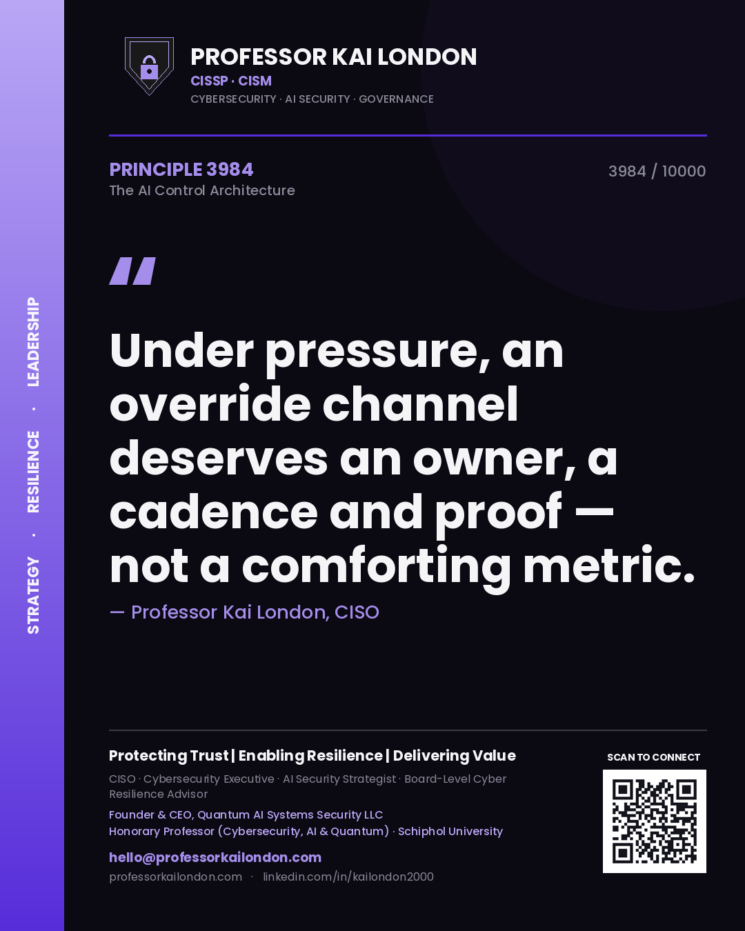 Professor Kai London principle 3984: Under pressure, an override channel deserves an owner, a cadence and proof — not a comforting metric.