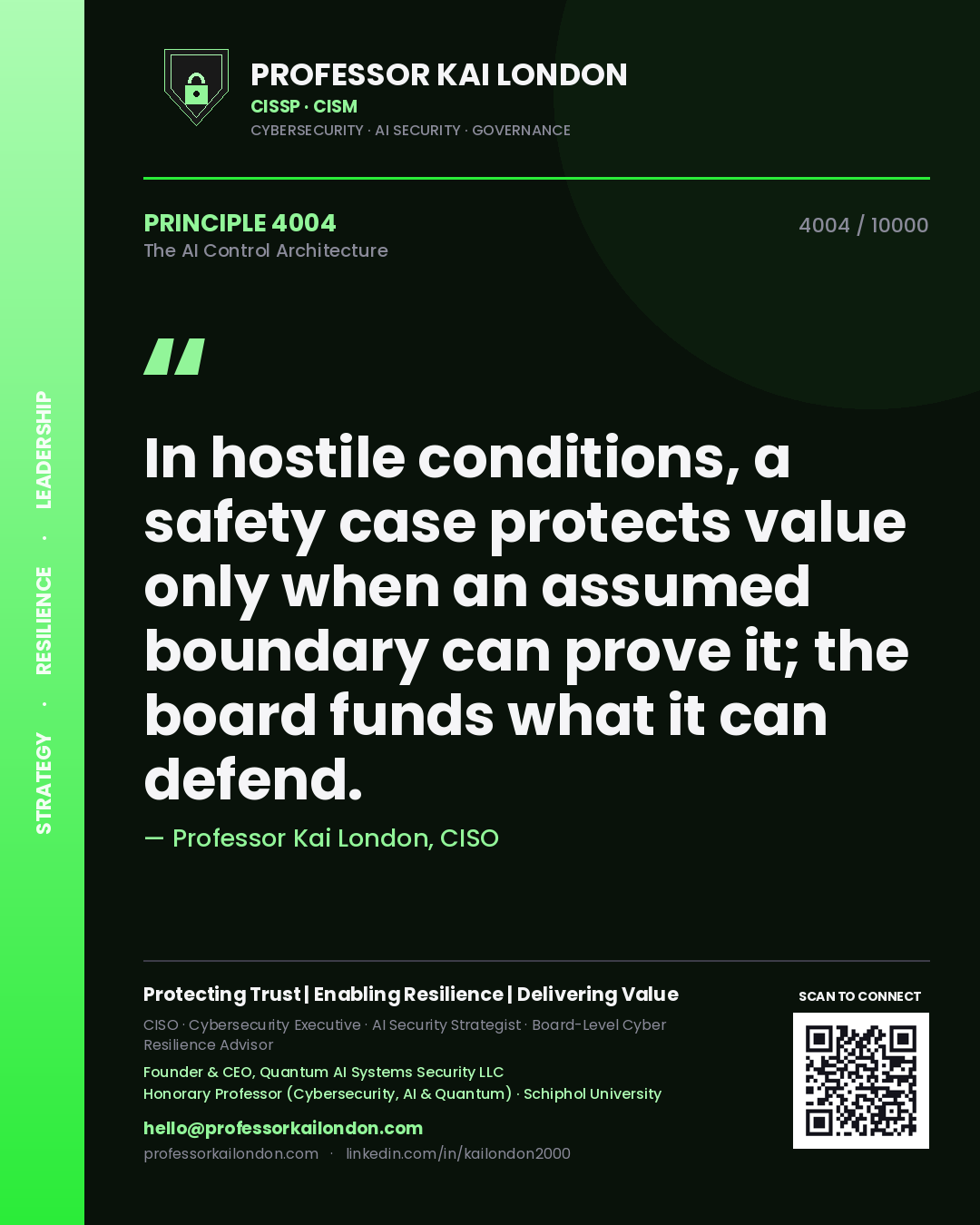 Professor Kai London principle 4004: In hostile conditions, a safety case protects value only when an assumed boundary can prove it; the board funds what it can defend.