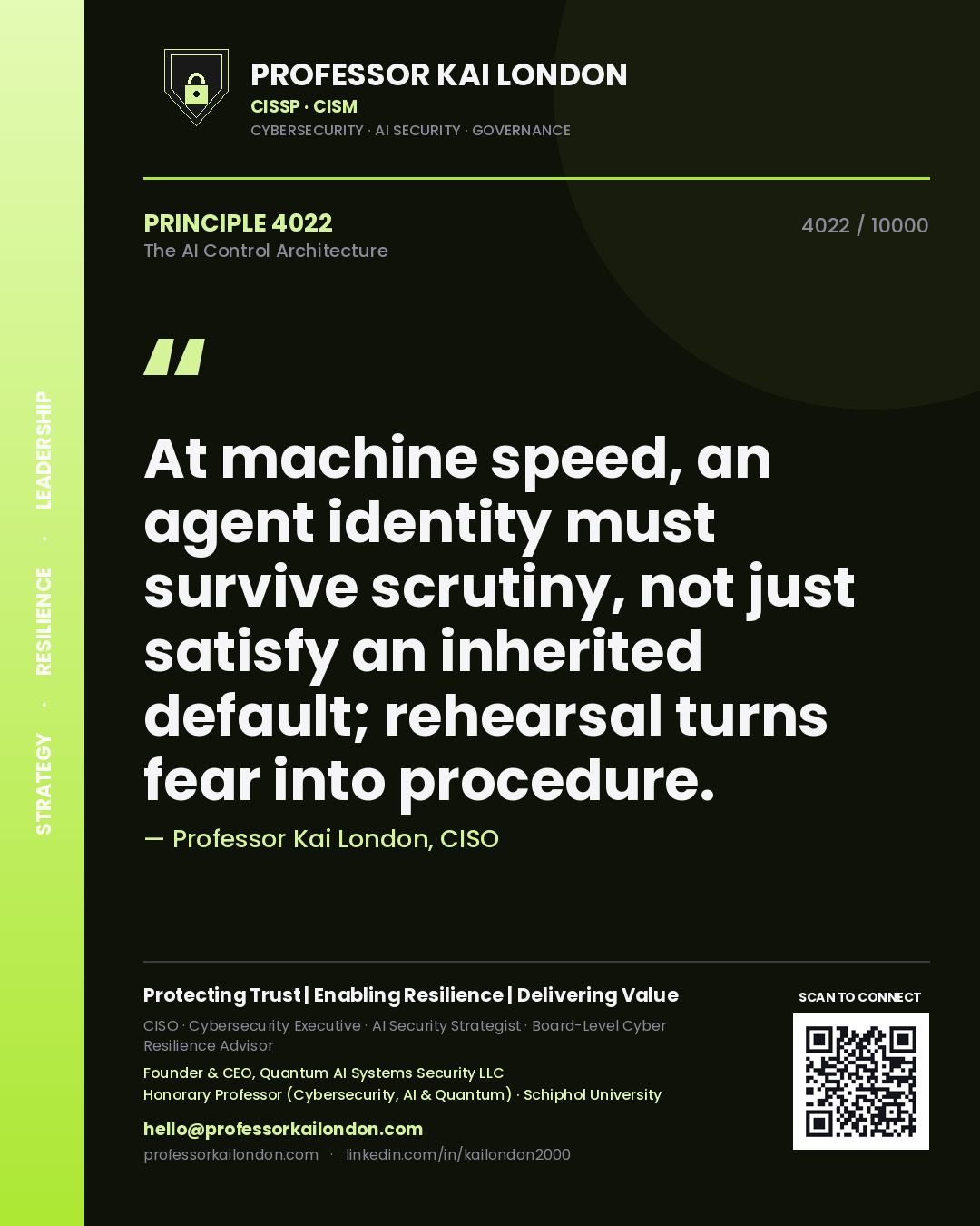 Professor Kai London principle 4022: At machine speed, an agent identity must survive scrutiny, not just satisfy an inherited default; rehearsal turns fear into procedure.