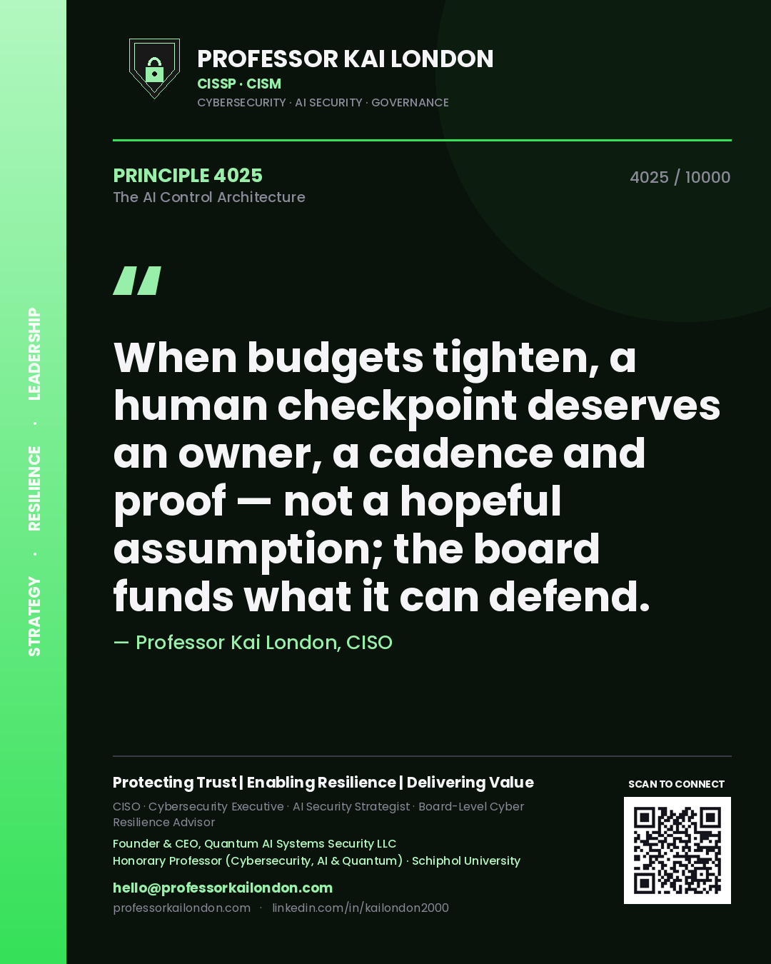 Professor Kai London principle 4025: When budgets tighten, a human checkpoint deserves an owner, a cadence and proof — not a hopeful assumption; the board funds what it can defend.