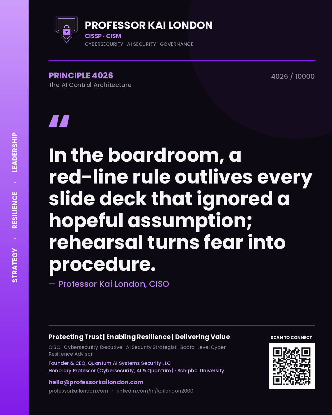 Professor Kai London principle 4026: In the boardroom, a red-line rule outlives every slide deck that ignored a hopeful assumption; rehearsal turns fear into procedure.