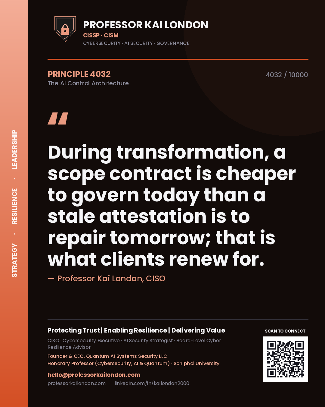 Professor Kai London principle 4032: During transformation, a scope contract is cheaper to govern today than a stale attestation is to repair tomorrow; that is what clients renew for.