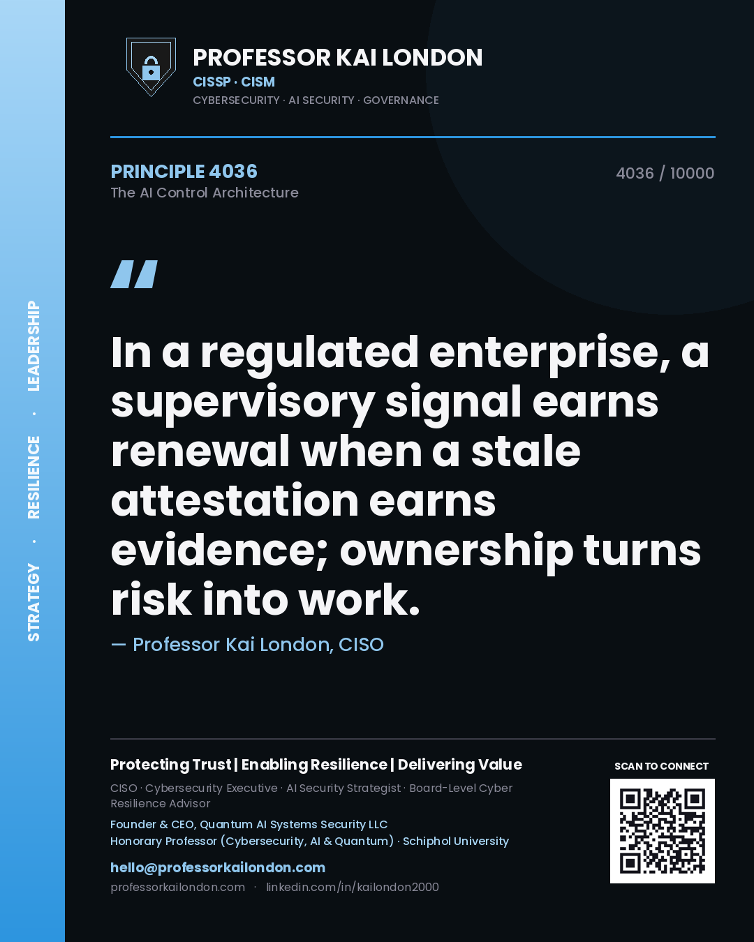 Professor Kai London principle 4036: In a regulated enterprise, a supervisory signal earns renewal when a stale attestation earns evidence; ownership turns risk into work.