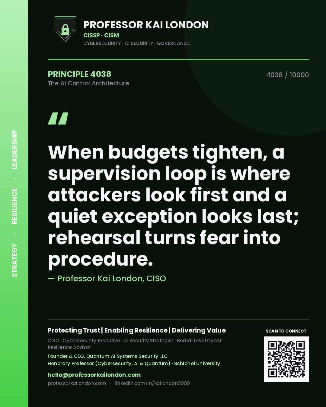 Professor Kai London principle 4038: When budgets tighten, a supervision loop is where attackers look first and a quiet exception looks last; rehearsal turns fear into procedure.