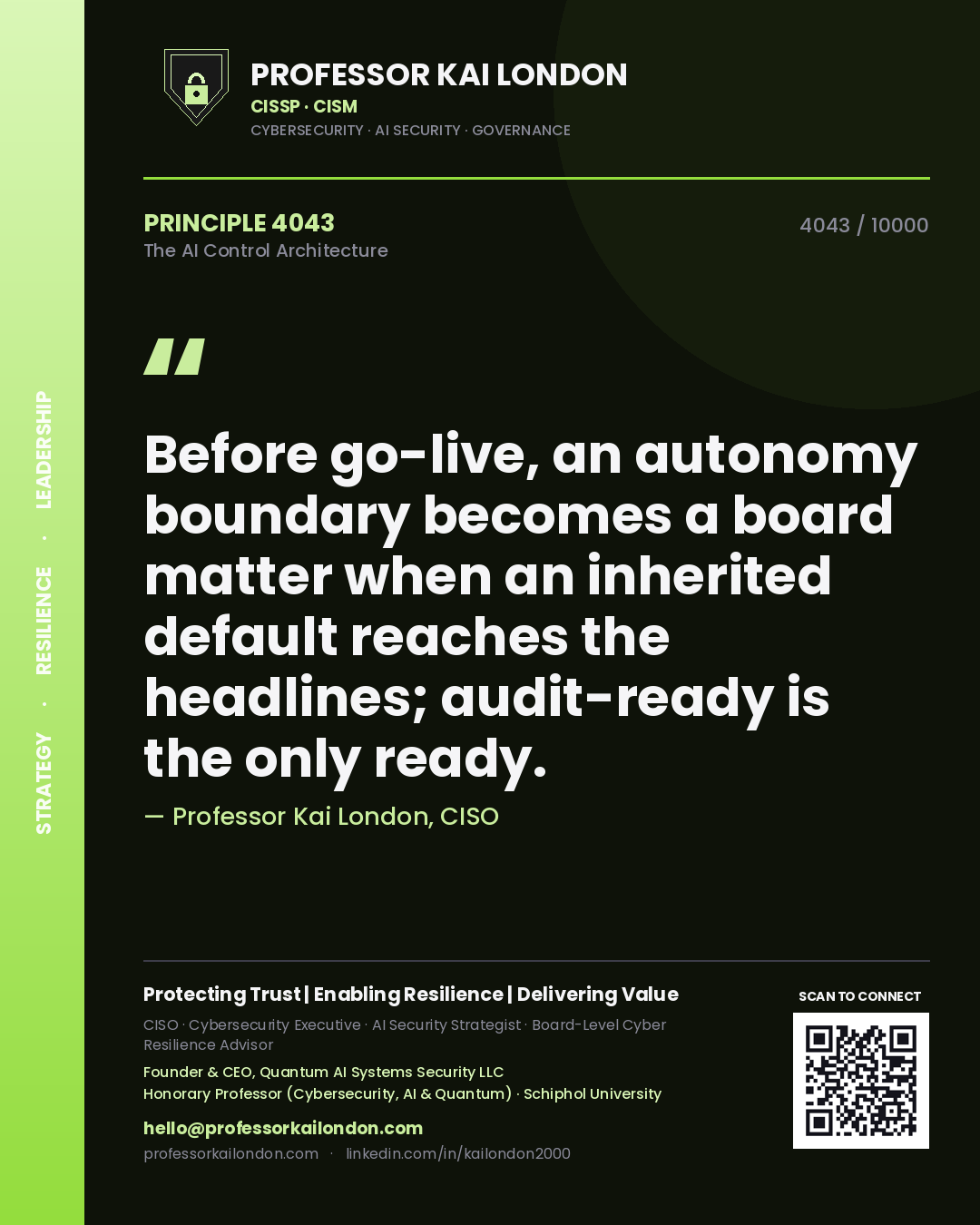 Professor Kai London principle 4043: Before go-live, an autonomy boundary becomes a board matter when an inherited default reaches the headlines; audit-ready is the only ready.