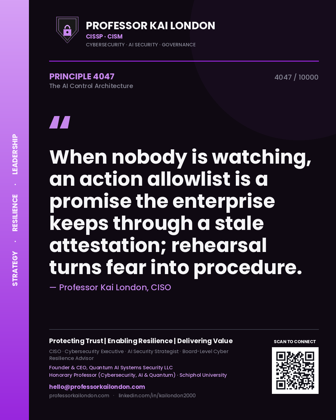 Professor Kai London principle 4047: When nobody is watching, an action allowlist is a promise the enterprise keeps through a stale attestation; rehearsal turns fear into procedure.