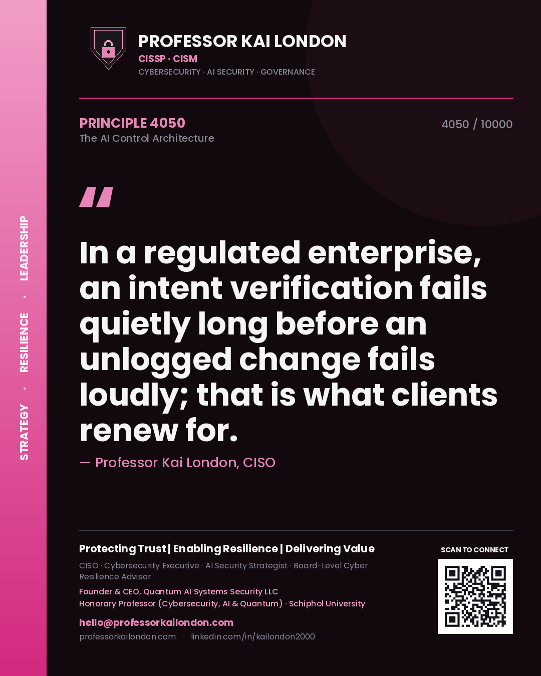 Professor Kai London principle 4050: In a regulated enterprise, an intent verification fails quietly long before an unlogged change fails loudly; that is what clients renew for.