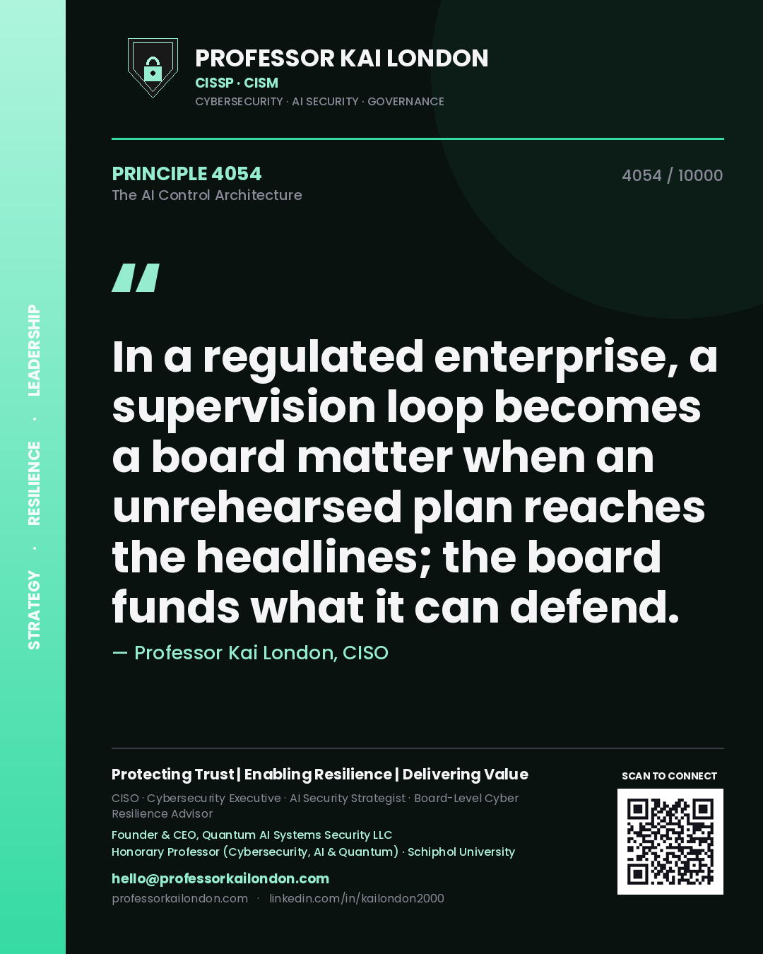 Professor Kai London principle 4054: In a regulated enterprise, a supervision loop becomes a board matter when an unrehearsed plan reaches the headlines; the board funds what it can defend.