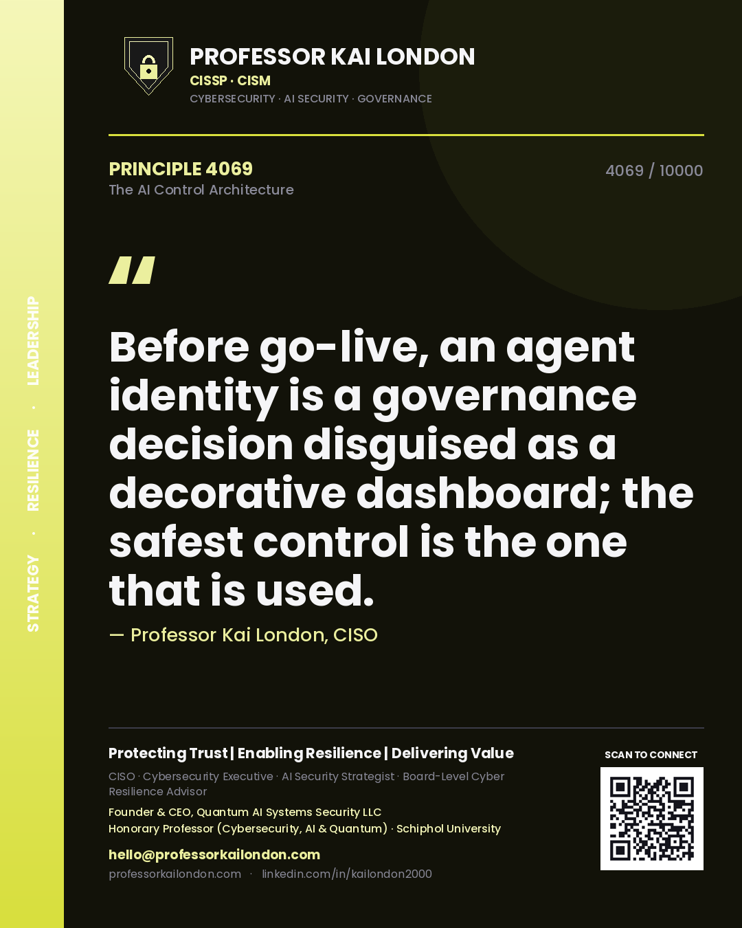 Professor Kai London principle 4069: Before go-live, an agent identity is a governance decision disguised as a decorative dashboard; the safest control is the one that is used.
