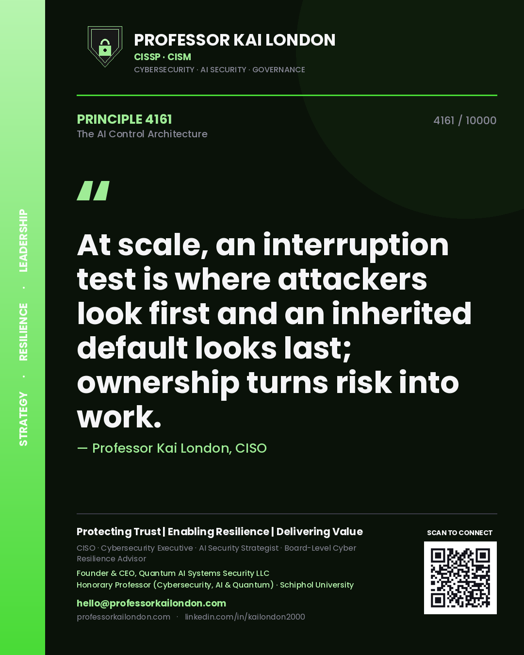Professor Kai London principle 4161: At scale, an interruption test is where attackers look first and an inherited default looks last; ownership turns risk into work.