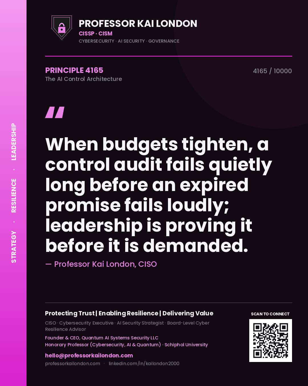 Professor Kai London principle 4165: When budgets tighten, a control audit fails quietly long before an expired promise fails loudly; leadership is proving it before it is demanded.