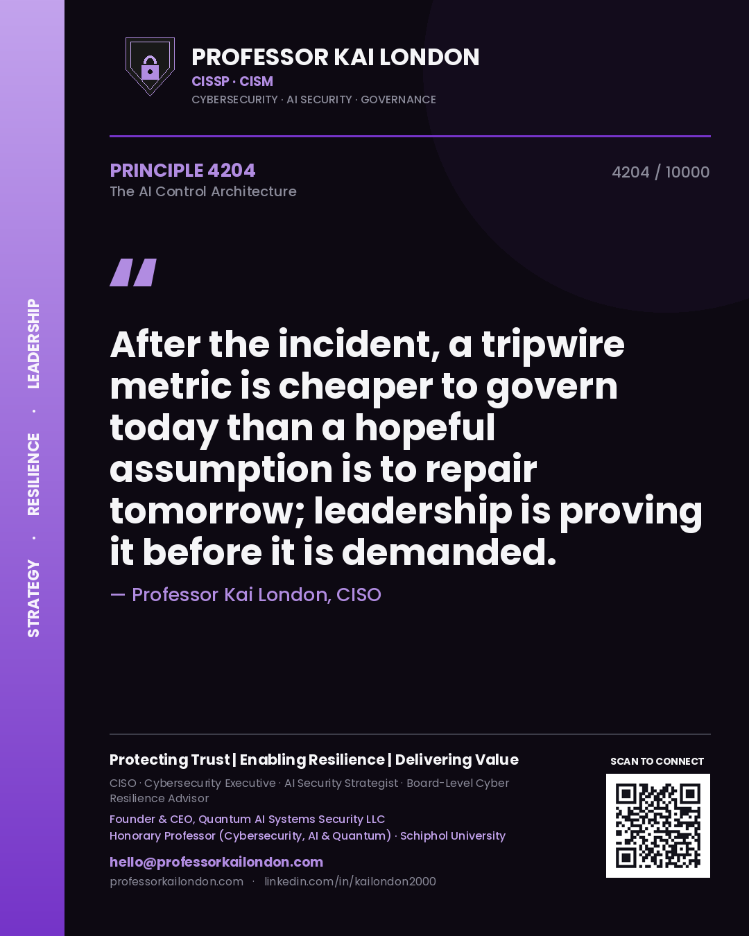 Professor Kai London principle 4204: After the incident, a tripwire metric is cheaper to govern today than a hopeful assumption is to repair tomorrow; leadership is proving it before it is demanded.