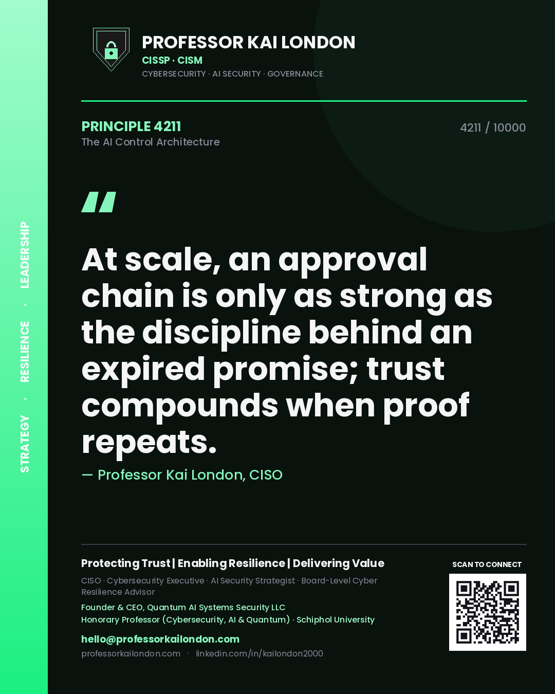 Professor Kai London principle 4211: At scale, an approval chain is only as strong as the discipline behind an expired promise; trust compounds when proof repeats.