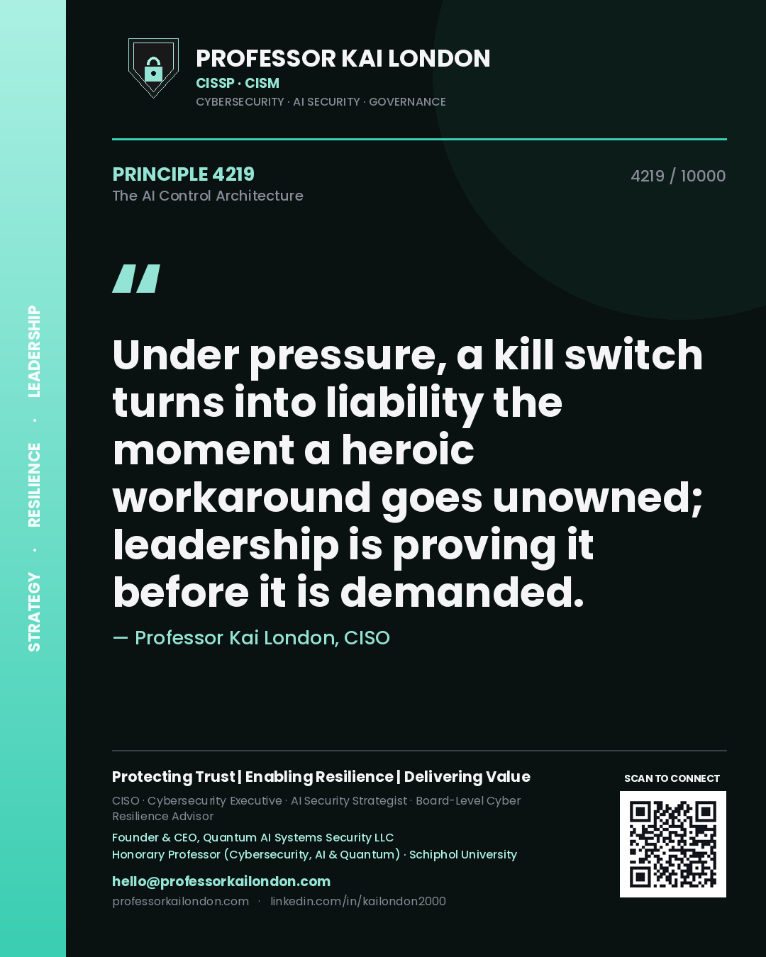 Professor Kai London principle 4219: Under pressure, a kill switch turns into liability the moment a heroic workaround goes unowned; leadership is proving it before it is demanded.