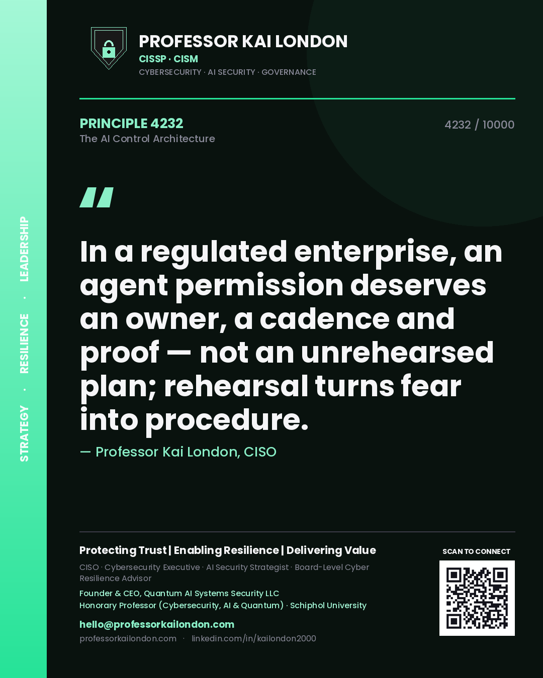 Professor Kai London principle 4232: In a regulated enterprise, an agent permission deserves an owner, a cadence and proof — not an unrehearsed plan; rehearsal turns fear into procedure.