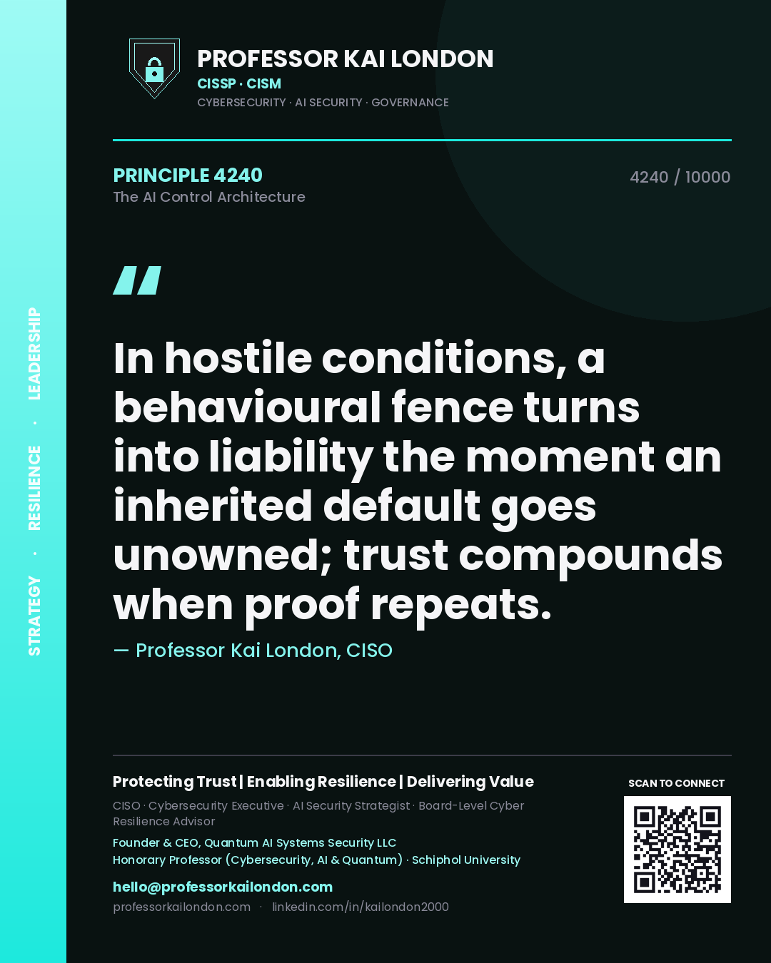 Professor Kai London principle 4240: In hostile conditions, a behavioural fence turns into liability the moment an inherited default goes unowned; trust compounds when proof repeats.