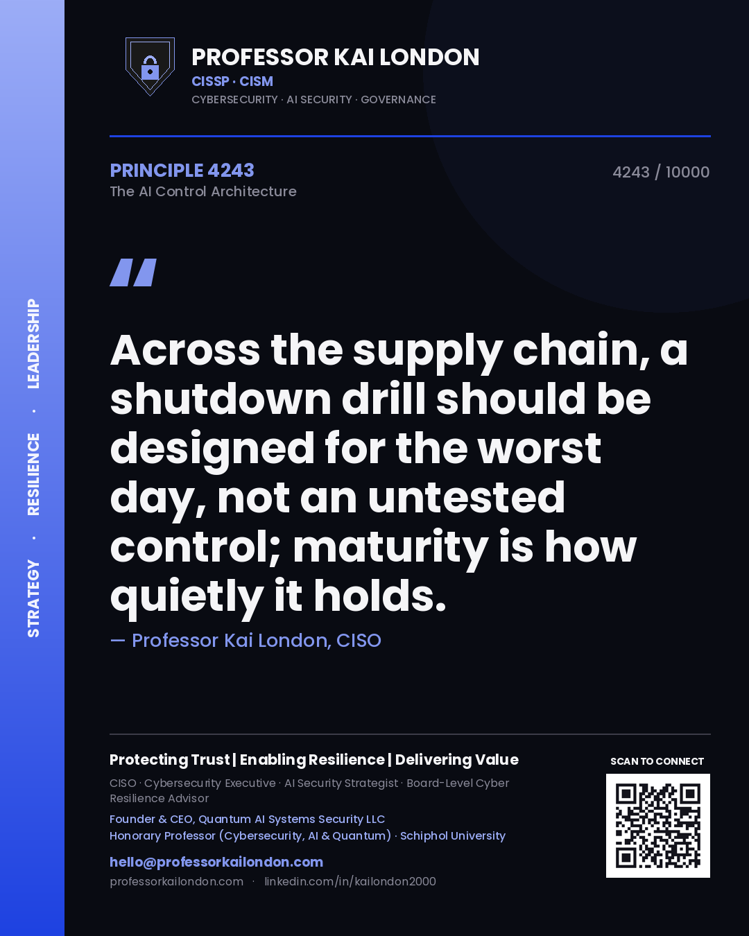 Professor Kai London principle 4243: Across the supply chain, a shutdown drill should be designed for the worst day, not an untested control; maturity is how quietly it holds.