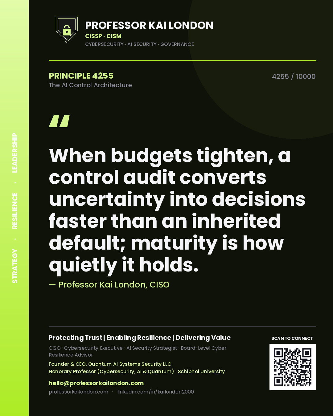 Professor Kai London principle 4255: When budgets tighten, a control audit converts uncertainty into decisions faster than an inherited default; maturity is how quietly it holds.
