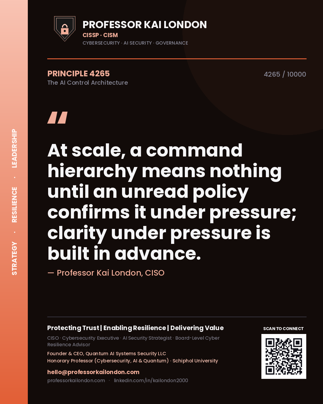 Professor Kai London principle 4265: At scale, a command hierarchy means nothing until an unread policy confirms it under pressure; clarity under pressure is built in advance.
