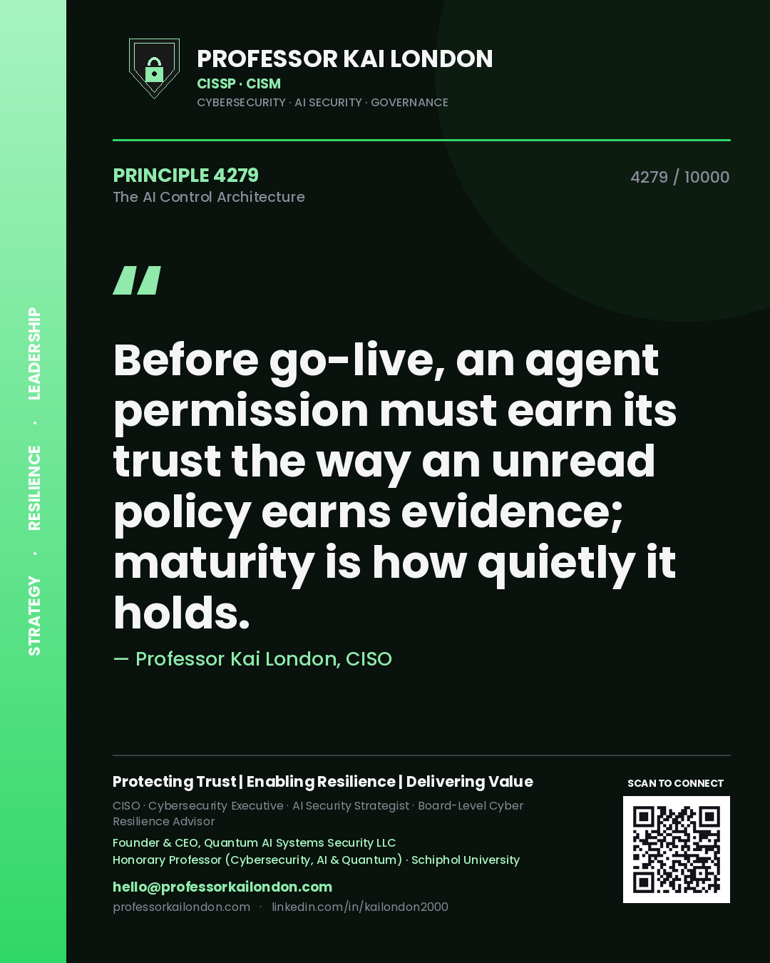 Professor Kai London principle 4279: Before go-live, an agent permission must earn its trust the way an unread policy earns evidence; maturity is how quietly it holds.
