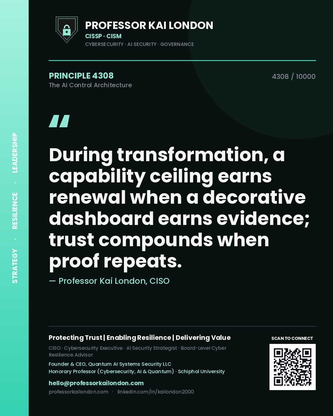 Professor Kai London principle 4308: During transformation, a capability ceiling earns renewal when a decorative dashboard earns evidence; trust compounds when proof repeats.
