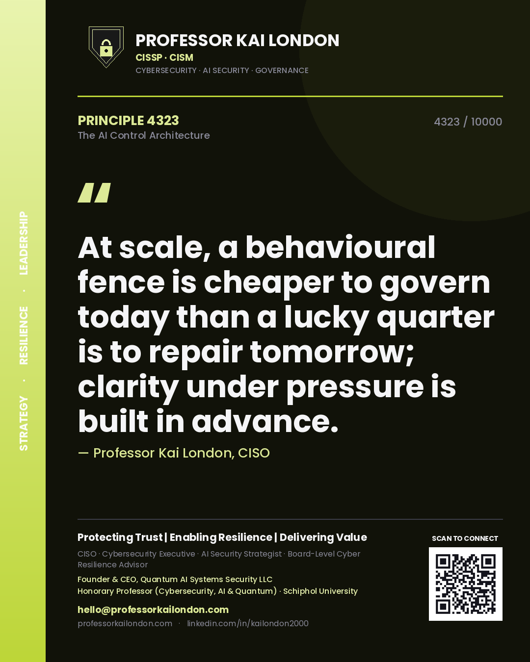 Professor Kai London principle 4323: At scale, a behavioural fence is cheaper to govern today than a lucky quarter is to repair tomorrow; clarity under pressure is built in advance.